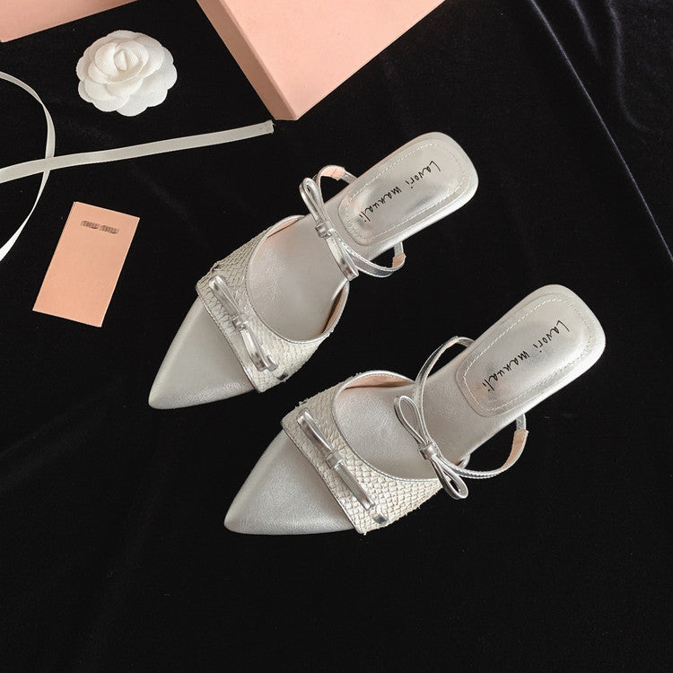 Karin Luna Fish Skin Series~Pointed Toe Irregular Heel Bowknot Strap Slippers