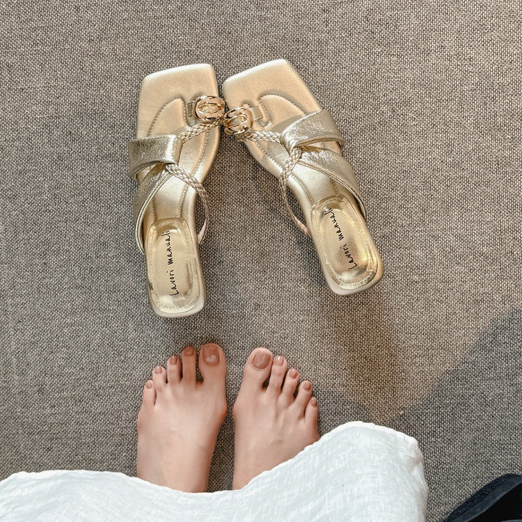 Karin Luna Braided Style ~Cross Strap Square Toe Irregular Heel Slippers