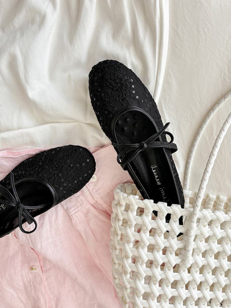 Karin Luna In Stock Spot Goods  Summer Breathable Retro Embroidered Bow Granny Shoes