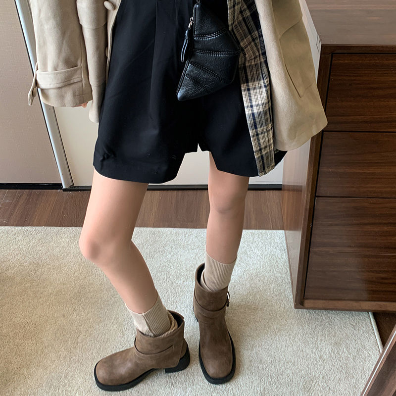 Karin Luna In Stock Spot Goods Versatile Basic Round Toe Belt Buckle Thick Sole Tube Boots