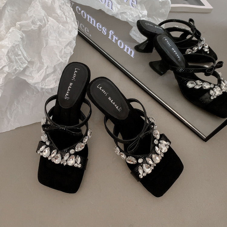 Karin Luna In Stock In Stock  Square Toe Rhinestone Bow Suede Slippers