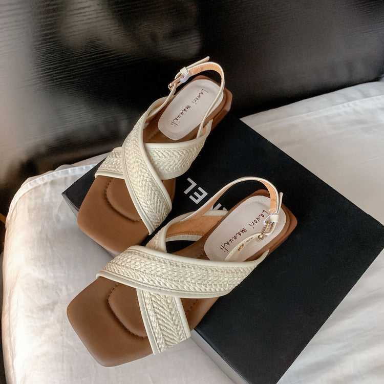 Karin Luna In Stock  Spot Goods Woven Style  Cross-strap Vacation Style Flat Sandals