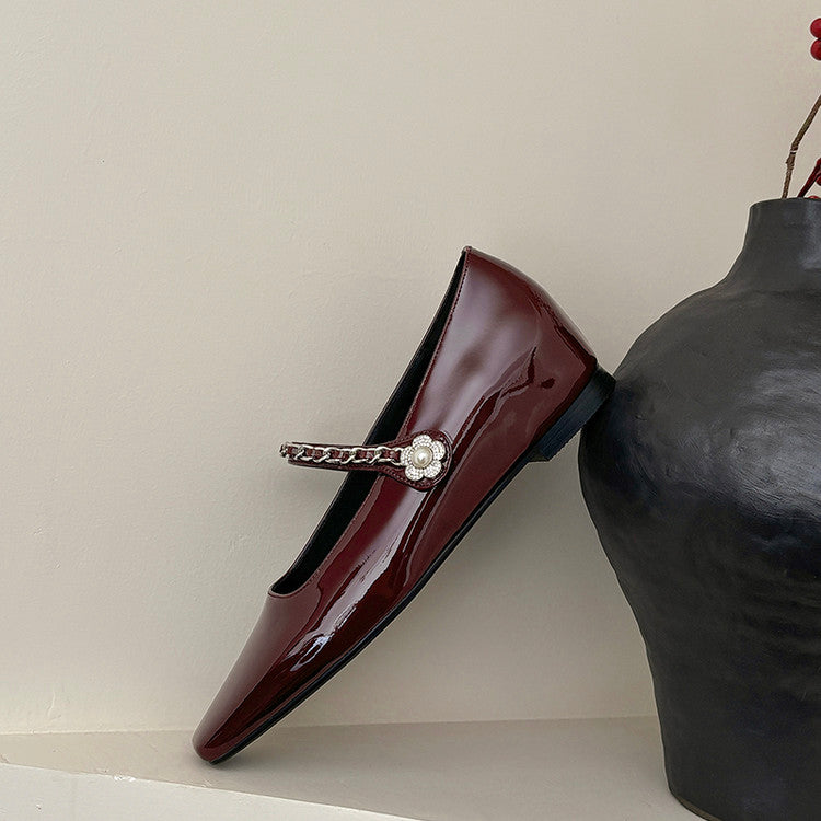 Karin Luna In Stock In Stock ~Metal One-Strap Pearl Small Square Toe Height-Increasing Flats