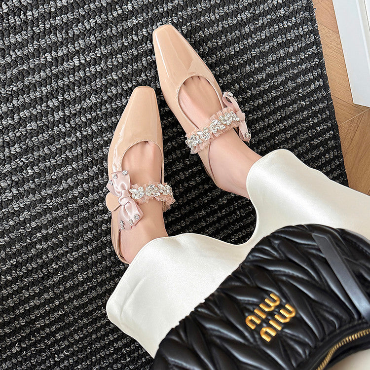 Karin Luna Handmade One-Strap Rhinestone Ribbon Square-Toe Mules