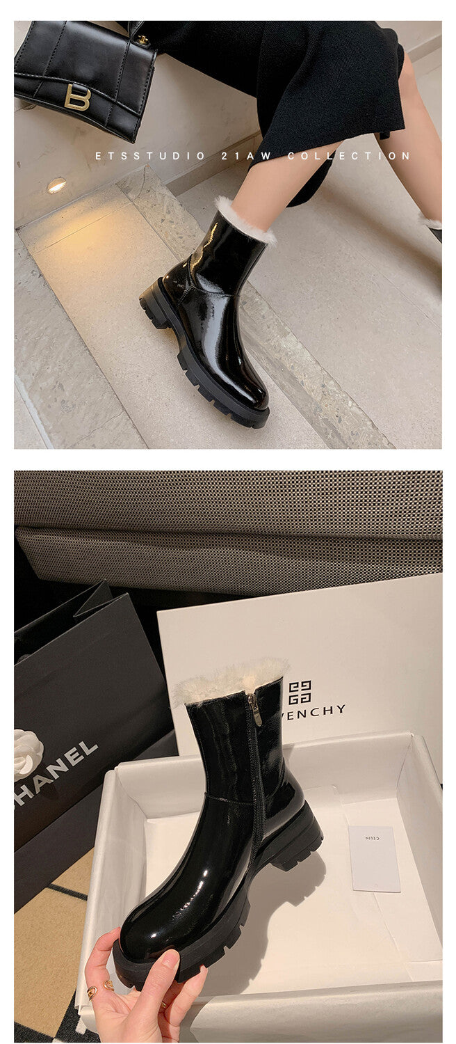 Karin Luna In Stock  Best-selling in stock Thickened Fleece Cow Patent Leather Hot-Selling Flat Short Boots