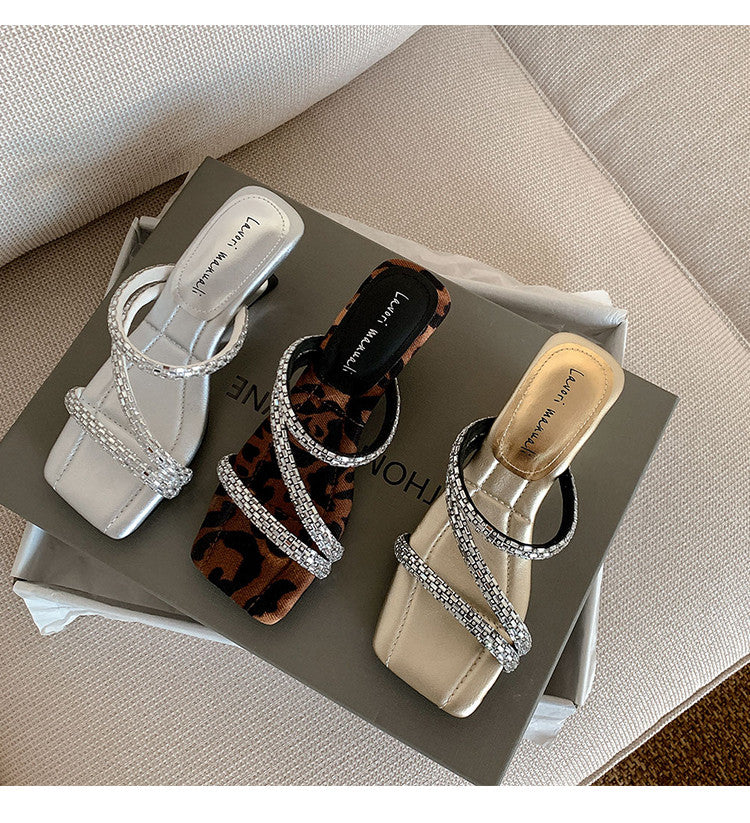Karin Luna In Stock Spot Goods  Rhinestone One-Strap Irregular Heel Square-Toe Slippers