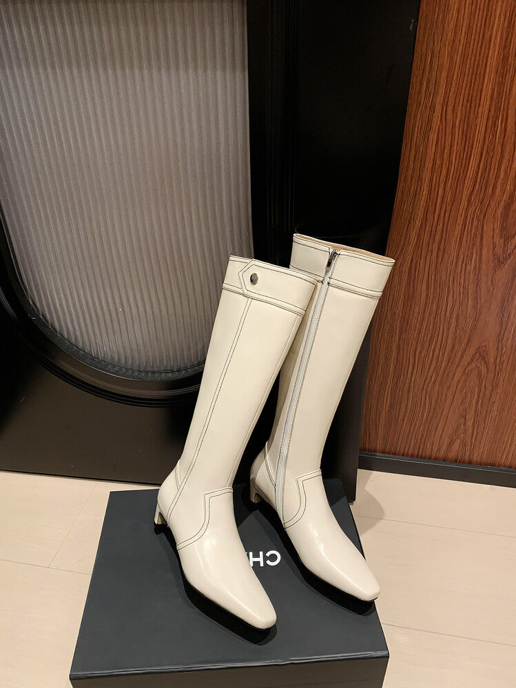 Karin Luna In Stock Spot Goods  Vintage Open Stitch Small Square Toe High Heel Side Zipper Riding Boots