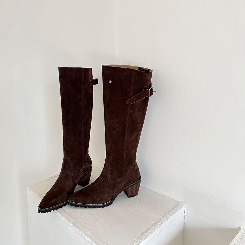Karin Luna In Stock Spot Goods Retro Cowhide Leather Chunky Heel Suede Long Boots