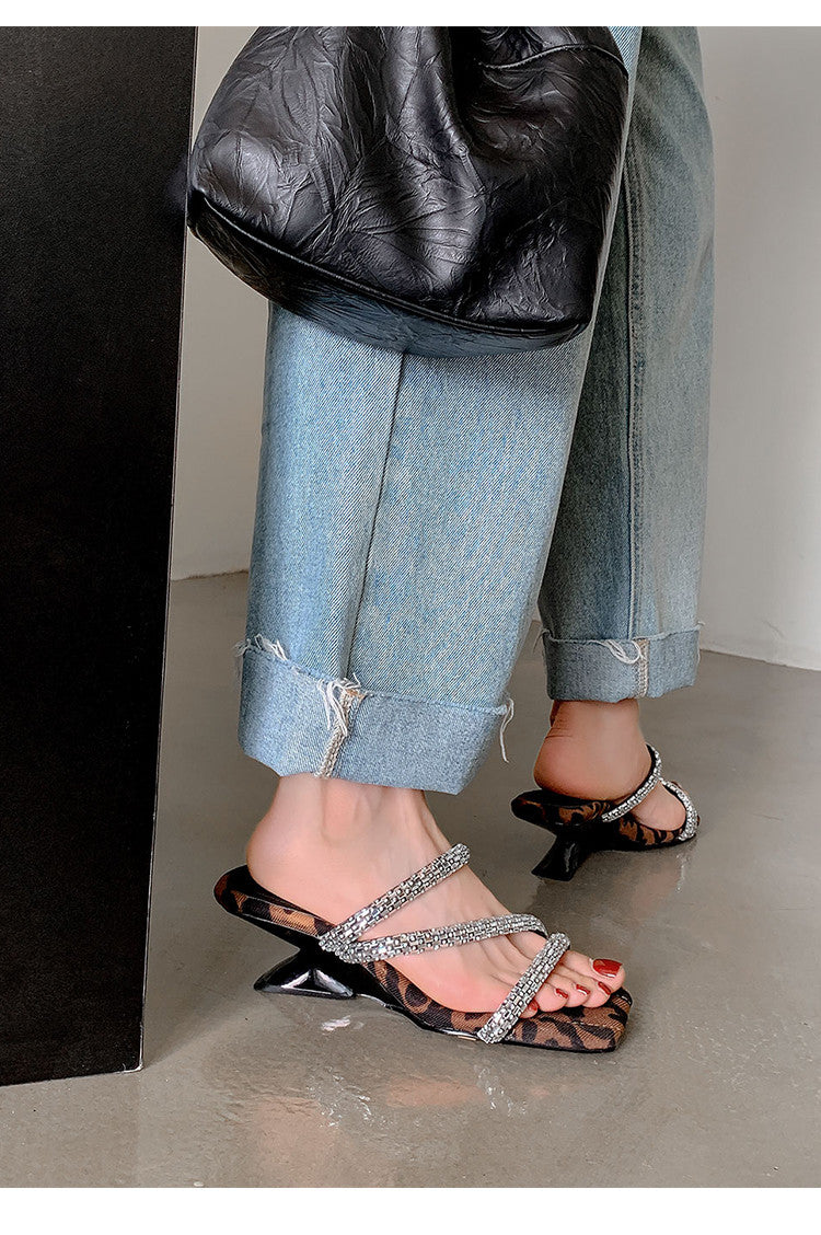 Karin Luna In Stock Spot Goods  Rhinestone One-Strap Irregular Heel Square-Toe Slippers