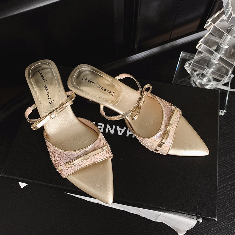 Karin Luna Fish Skin Series~Pointed Toe Irregular Heel Bowknot Strap Slippers