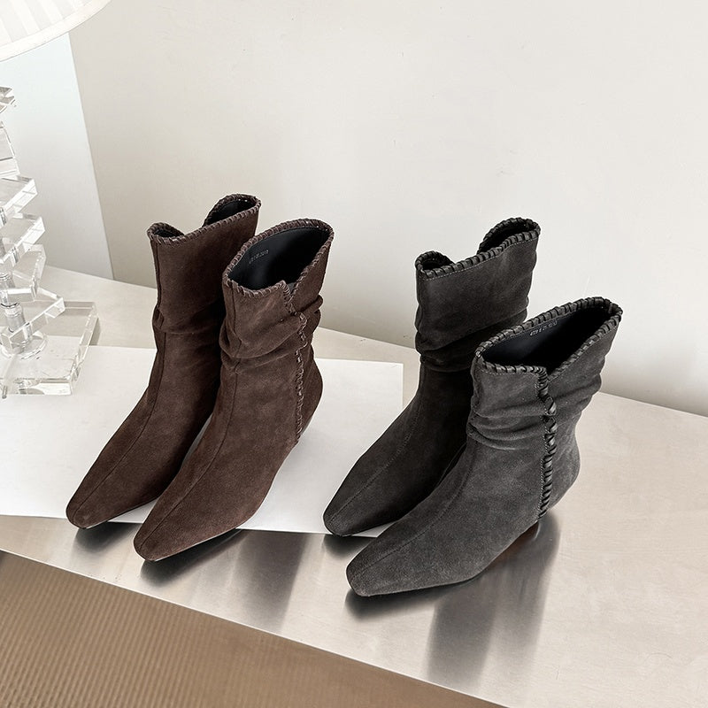 Karin Luna Elegant Style Small Square Toe Pleated Short Boots