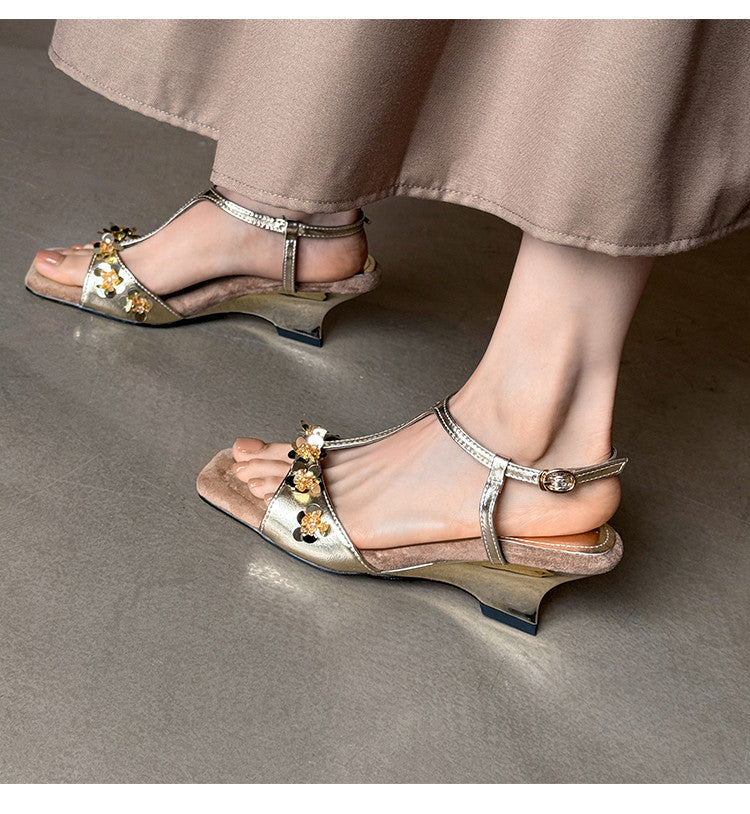 Karin Luna Hot-Selling Sequin Floral Series ~  Square Toe Irregular Heel Square Toe Sandals