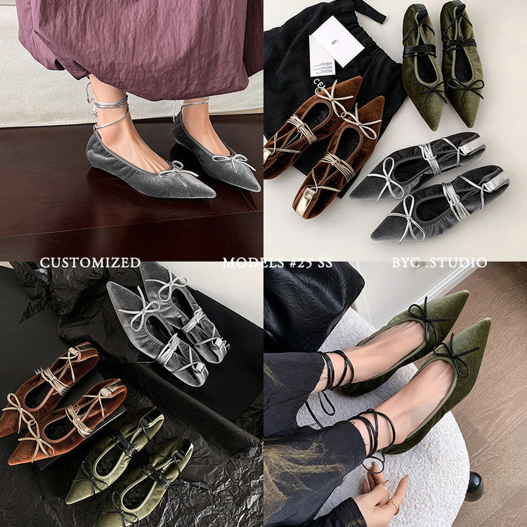 Karin Luna In Stock In Stock Retro Velvet Pointed Toe Bowknot Single Shoes