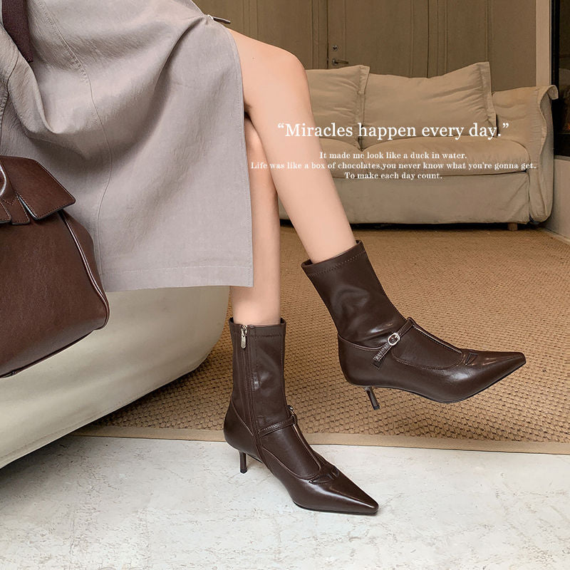 Karin Luna In Stock Spot Goods Elegant Stiletto Pointed Toe Side Zipper Short Boots
