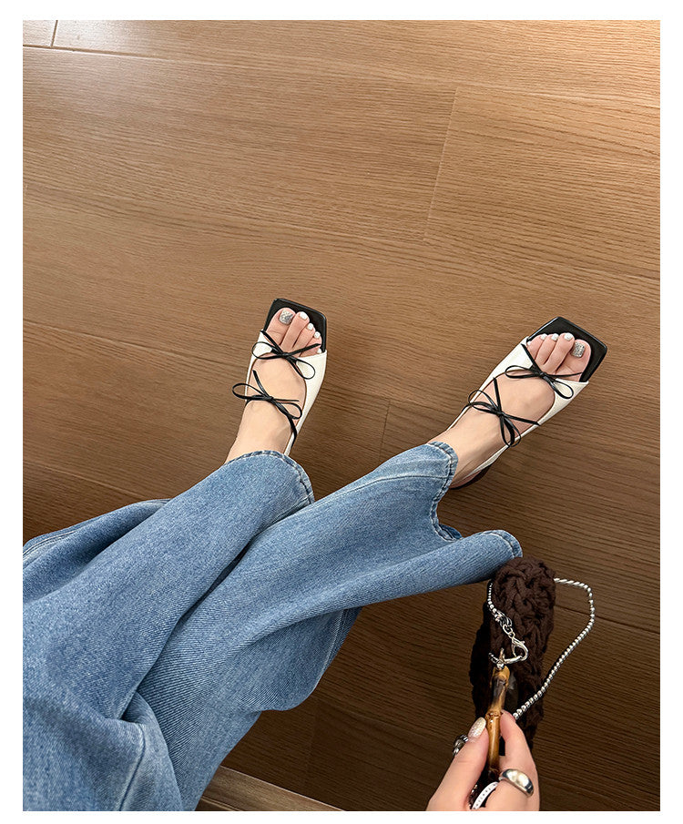 Karin Luna In Stock Spot Goods Square Toe Double Bow Thick Heel Sandals