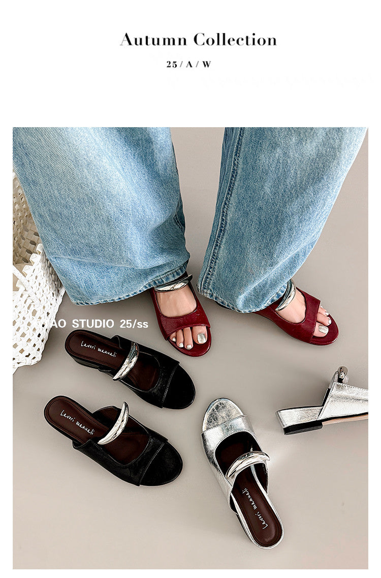 Karin Luna In Stock Spot Goods  Metal Buckle Round Toe Strap Slippers