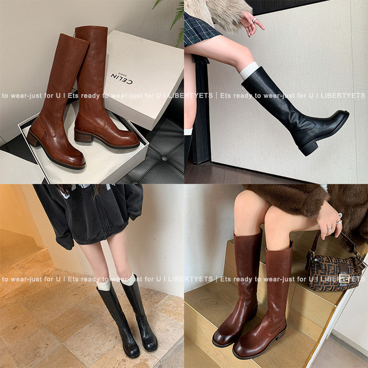 Karin Luna Basic Versatile Style Round Toe Chunky Heel Long Boots