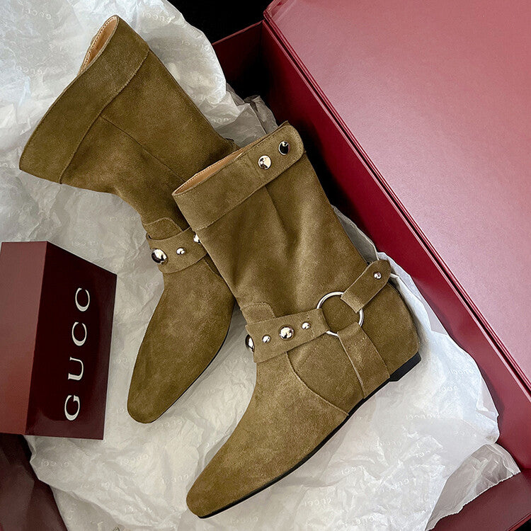 Karin Luna has prepared stock  Hot-Selling Retro Pointed Toe Wedge Metal Buckle High Tube Western Boots