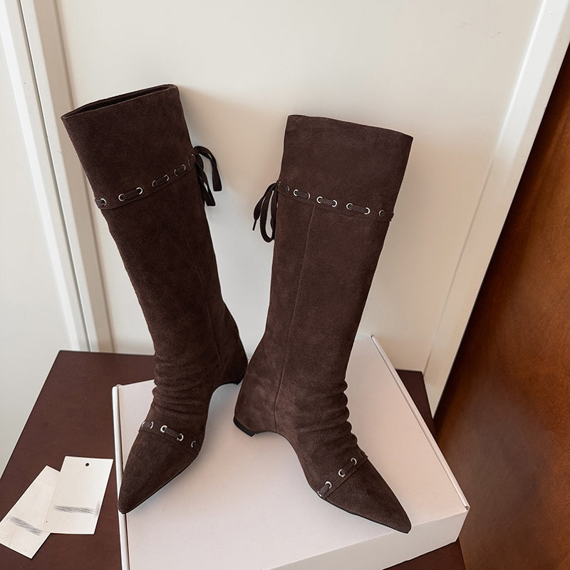 Karin Luna Elegant Style  Pointed Toe Pleated Hidden Wedge Western Boots