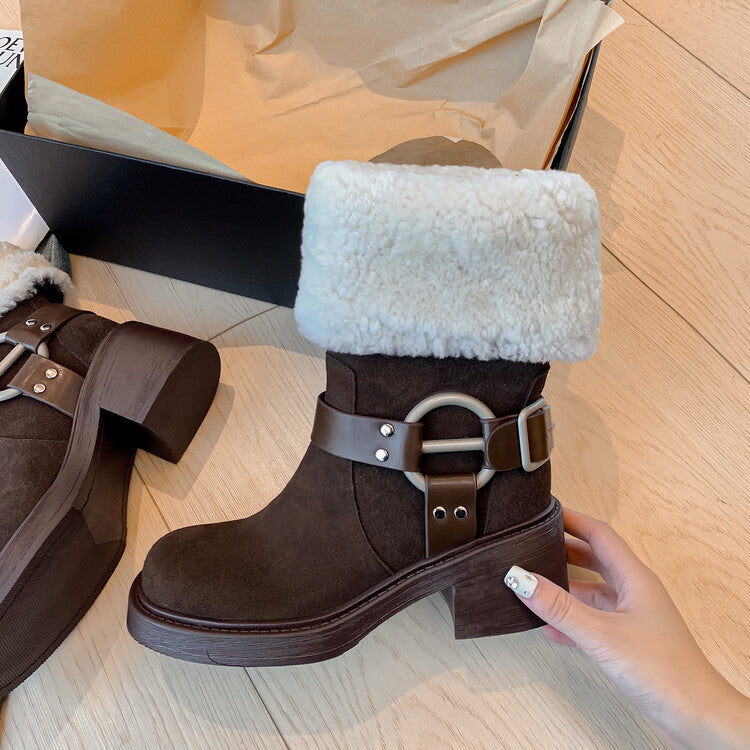 Karin Luna Genuine Lamb Wool and Cowhide Leather Hot-selling Metal Buckle Round Toe Chunky Heel Main Push Main Push