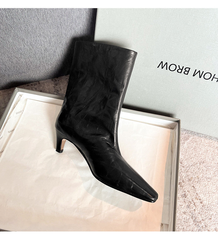 Karin Luna In Stock Spot Goods Top Layer Stone Pattern Cowhide Textured Small Square Toe Straight Short Boots