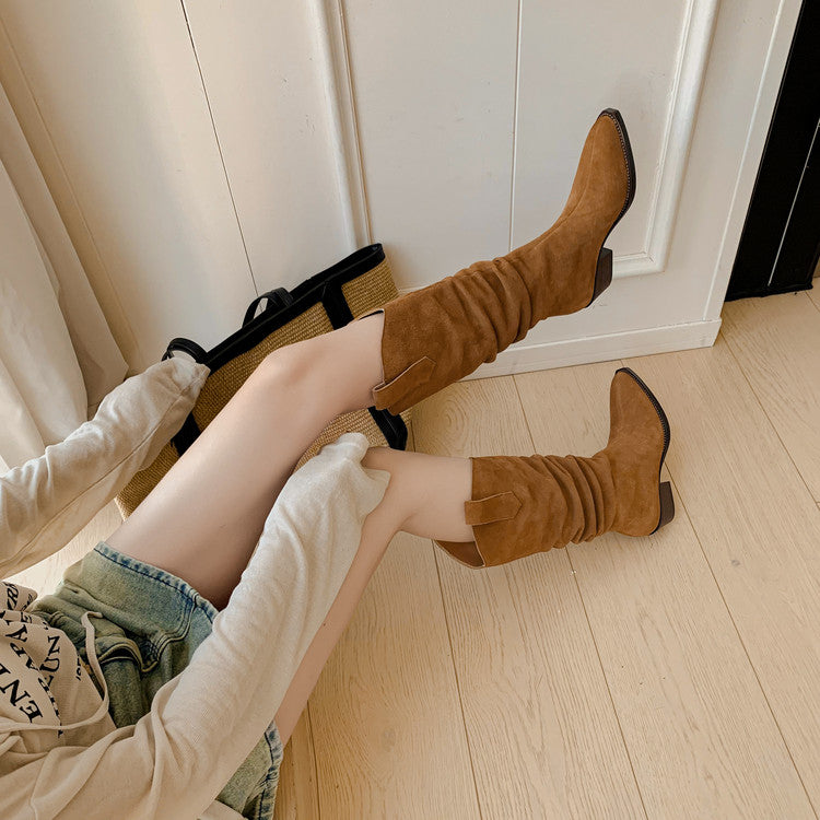 Karin Luna Elegant Style  Pointed Toe Wrinkled Wide Western Boots