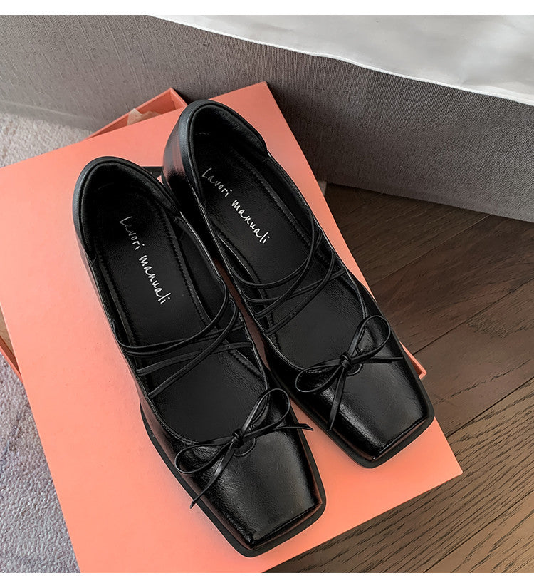 Karin Luna In Stock Spot Goods  Popular Self-flowing Bowknot Square Toe Chunky Heel Single Shoes