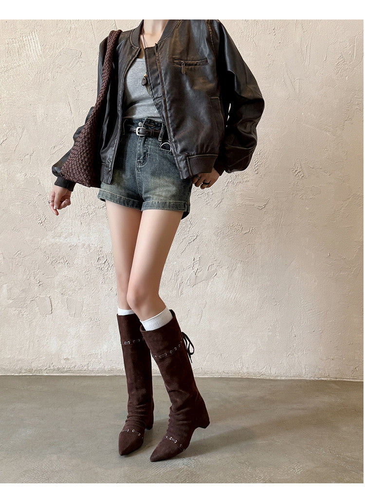 Karin Luna Elegant Style  Pointed Toe Pleated Hidden Wedge Western Boots