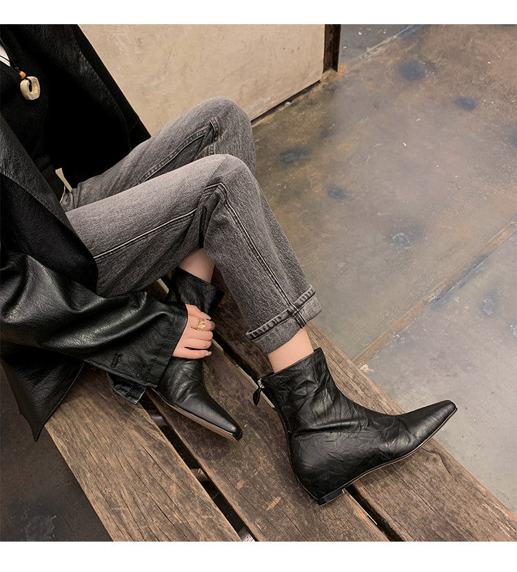 Karin Luna In Stock Spot Goods Slim Series  Hidden Wedge Small Square Toe Back Zipper Short Boots