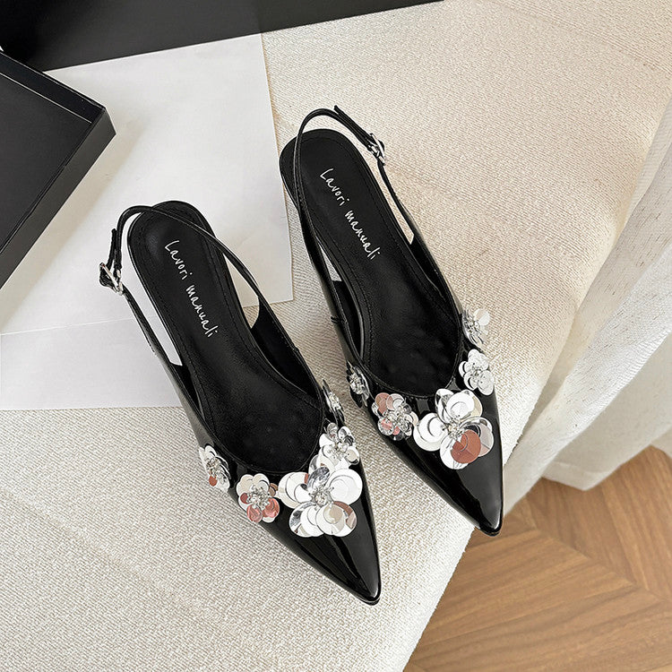 Karin Luna In Stock In Stock  Sequin Floral Pointed Toe Chunky Heel Closed-Toe Sandals