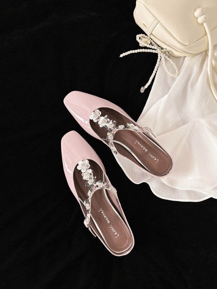 Karin Luna In Stock Spot Goods  T Handmade Sequin Flower Square Toe Height-Increasing Closed-Toe Slippers