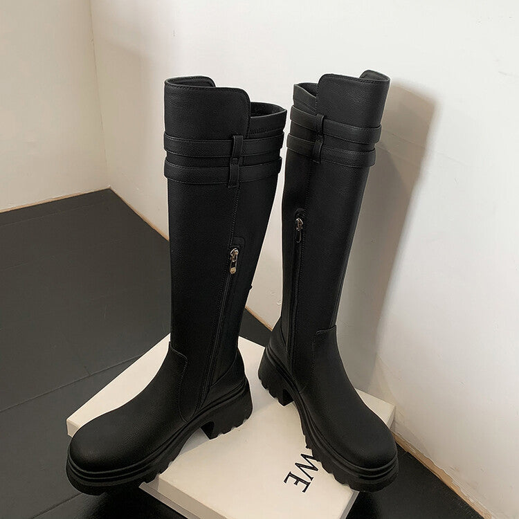 Karin Luna In Stock  Round Toe Thick Sole Casual Belt Buckle Long Boots