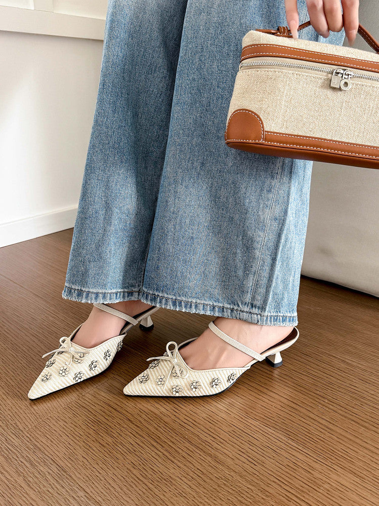 Karin Luna In Stock Spot Goods  Elegant Floral Pointed Toe Rhinestone Slippers