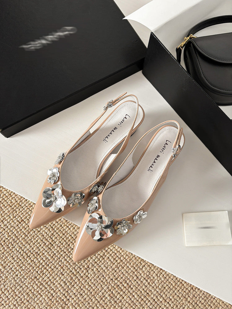 Karin Luna In Stock In Stock  Sequin Floral Pointed Toe Chunky Heel Closed-Toe Sandals