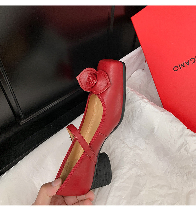 Karin Luna In Stock Spot Goods  Vintage Three-Dimensional Camellia Square-Toed Mary Jane Shoes