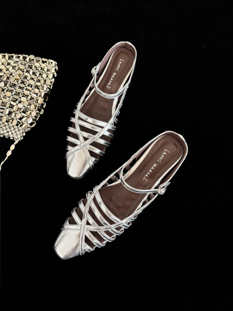 Karin Luna In Stock Spot Goods   French Retro Hollow Small Square Toe One-Strap Slippers