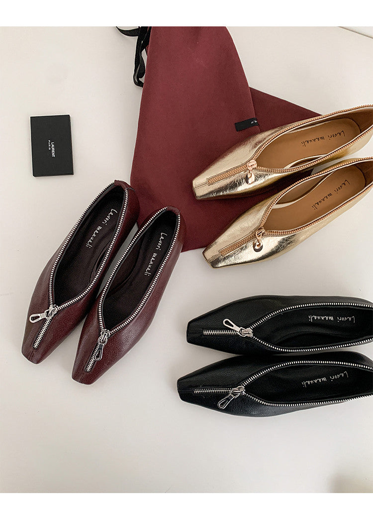 Karin Luna In Stock In Stock ~Basic Versatile Light Luxury Zipper Small Square Toe Flats
