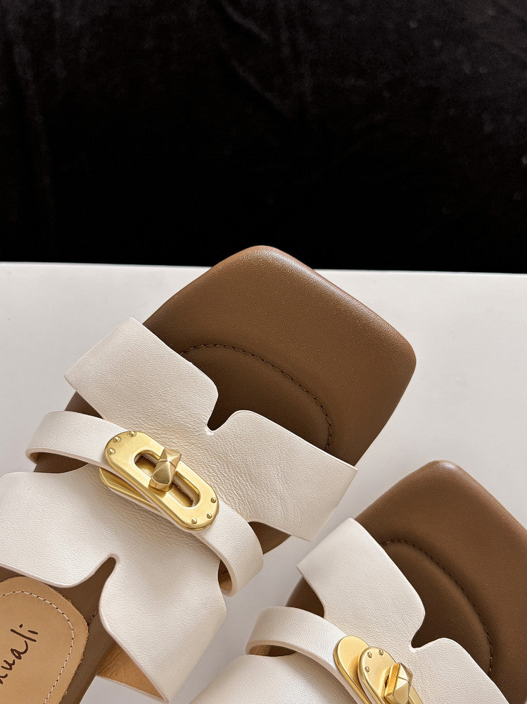 Karin Luna Comfortable Gold Buckle Square Toe Chunky Heel Casual Style Slippers