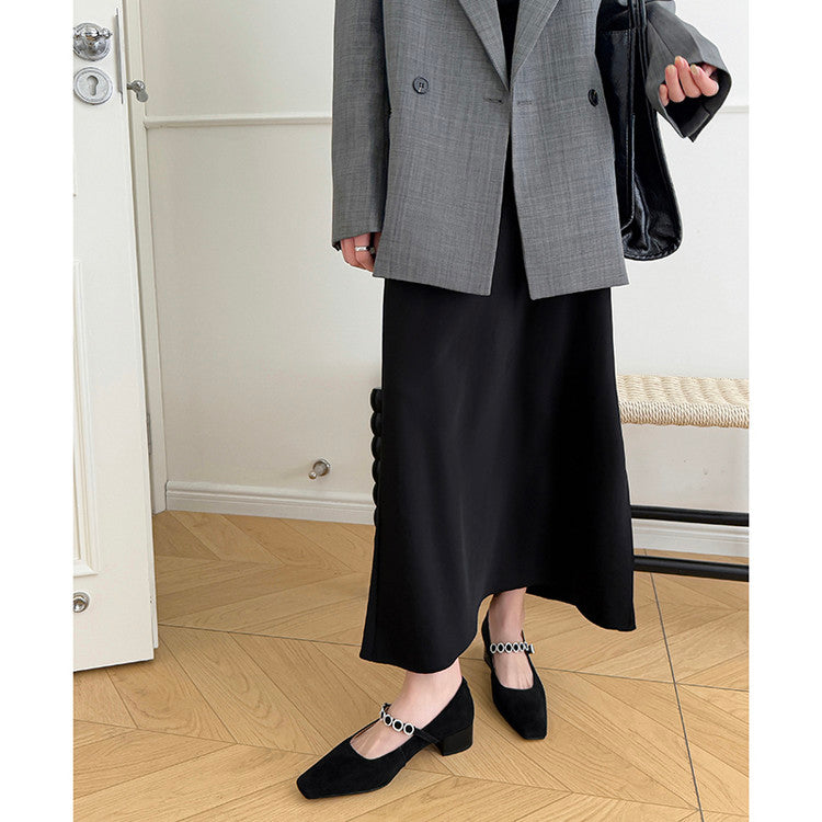 Karin Luna In Stock Spot Goods  Vintage Full Leather Square Toe Rhinestone Strap Shallow Mouth Single Shoes