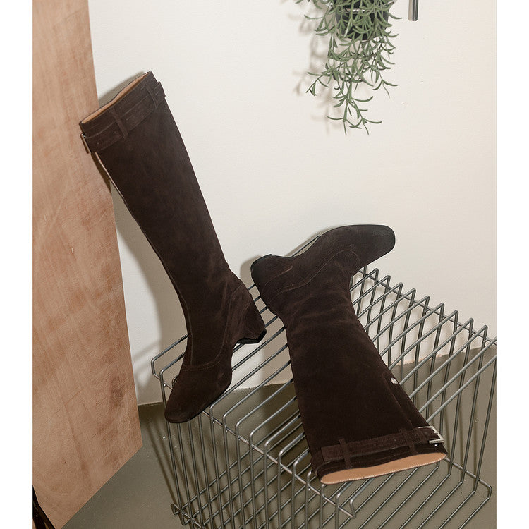 Karin Luna Belt Buckle Elegant Chunky Heel Suede Western Boots