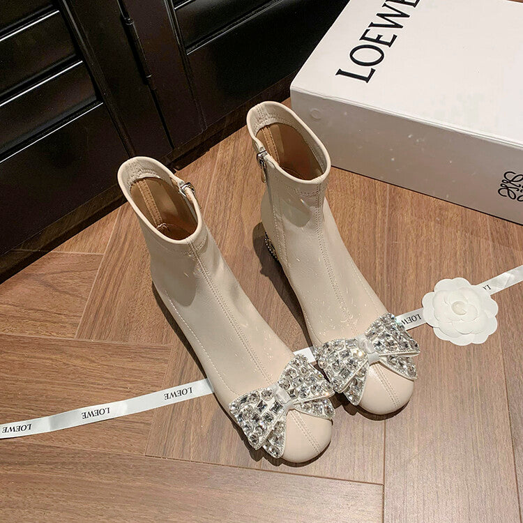 Karin Luna In Stock   Rhinestone Bow Thick Heel Slim Boots
