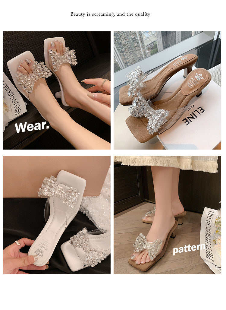 Karin Luna In Stock In Stock Transparent Bow Square Toe Suede Open Toe Sandals