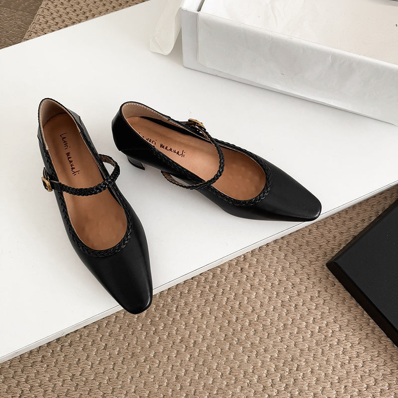Karin Luna Braided Element Design Chunky Heel Square Toe Single Strap Shoes