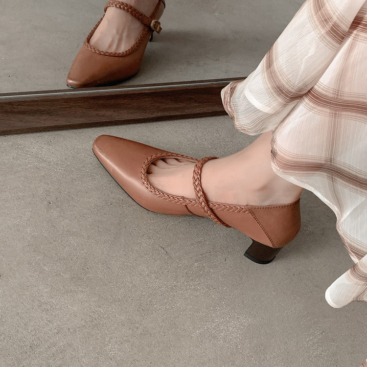Karin Luna Braided Element Design Chunky Heel Square Toe Single Strap Shoes