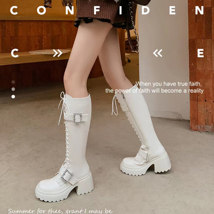 Karin Luna In Stock Spot Goods Bestselling Extended Version Rhinestone Square Buckle Thick Sole Lace-up Thick Sole Full Cowhide Knight Boots