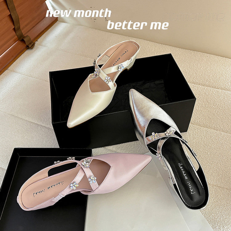 Karin Luna Elegant Pointed Toe Rhinestone Flower High Heel Mules