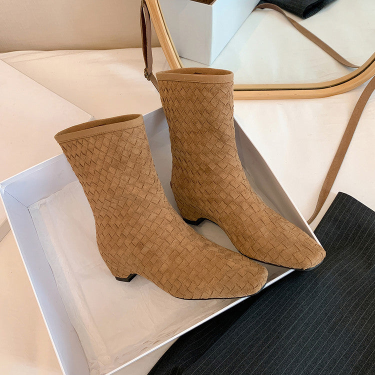 Karin Luna Handmade Woven Fabric Small Square Toe Hidden Heel Short Boots