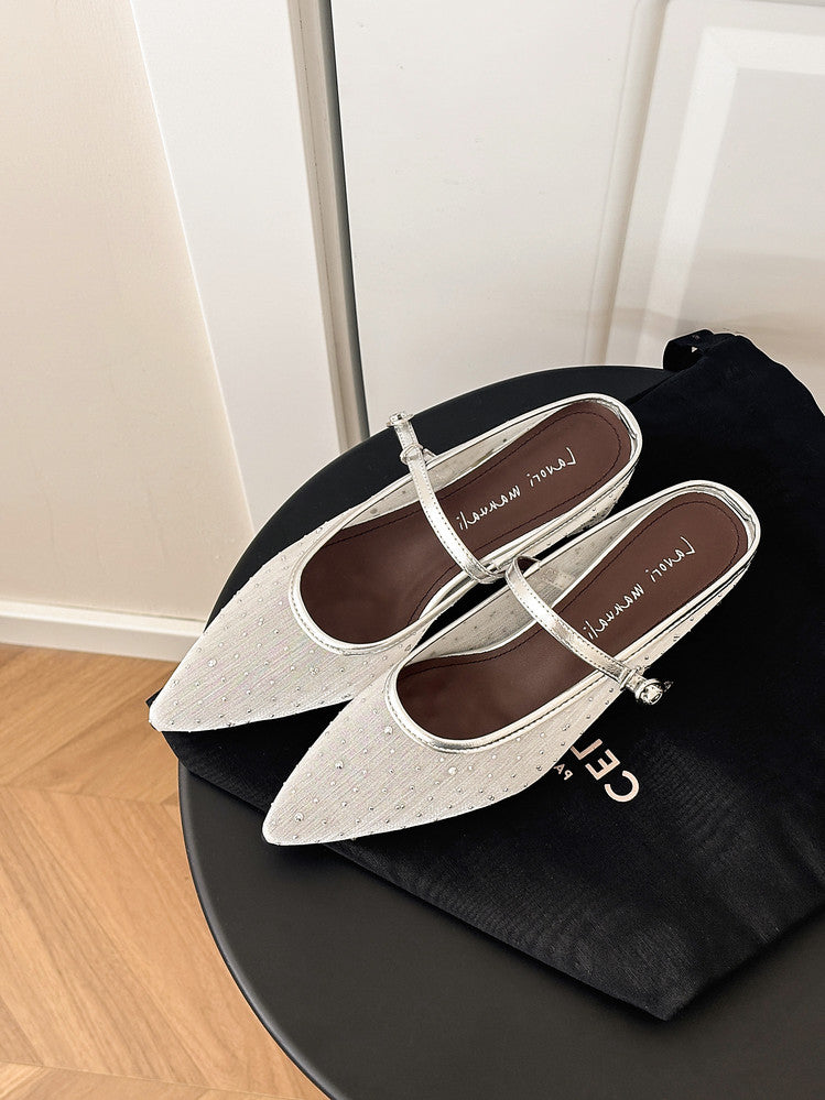 Karin Luna In Stock Spot Goods  Breathable Mesh Fabric Embellished Hand Drill Pointed Toe Slippers
