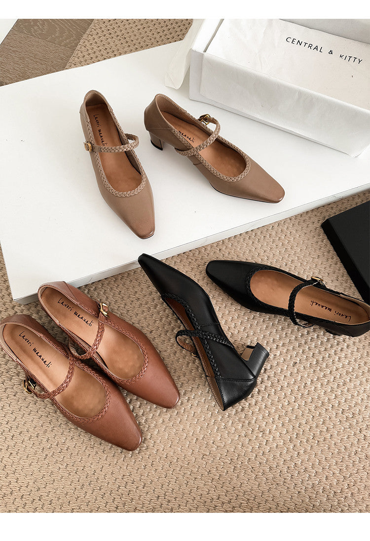 Karin Luna Braided Element Design Chunky Heel Square Toe Single Strap Shoes