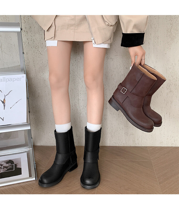 Karin Luna Belt Buckle Chunky Heel Fashion Short Boots